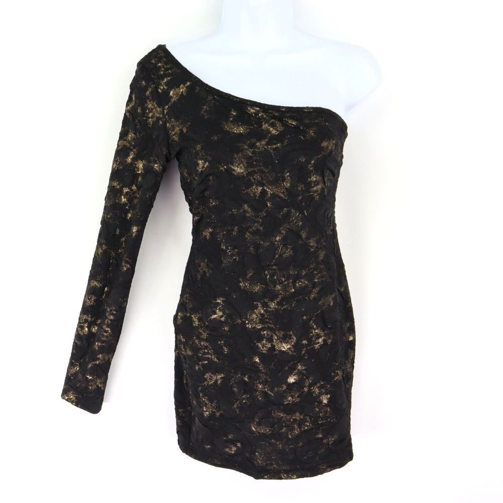 XXI Bodycon Dress Womens S Black Gold Accents One Shoulder Sleeve Asymmetrical